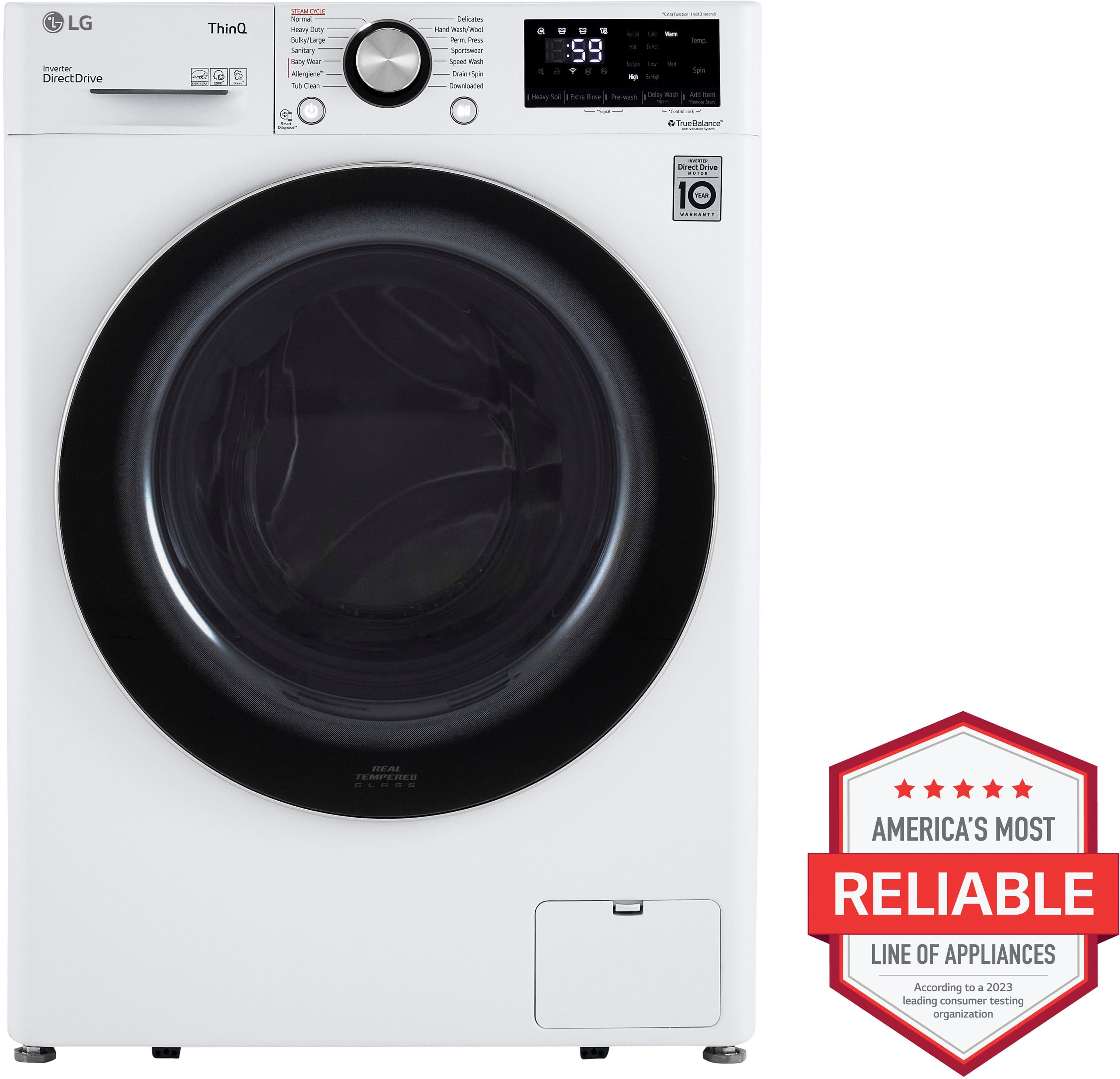 The image features a white LG washing machine with a black door, which is part of the LG nuaTa DirectDrive ThinQ line. The machine has a digital display and is equipped with a timer that counts down the remaining time. The washing machine is a muturg lastas day appliance, which is designed to be energy-efficient and environmentally friendly. The machine is also certified as an allergen-free appliance, making it suitable for individuals with allergies. The LG nuaTa DirectDrive ThinQ line is recognized as America's most reliable line of appliances, as per a 2023 leading organization's besting.