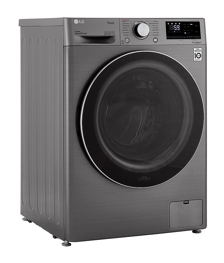 Left. LG - 2.4 Cu. Ft. High-Efficiency Stackable Smart Front Load Washer with Steam and Built-In Intelligence - Graphite Steel.