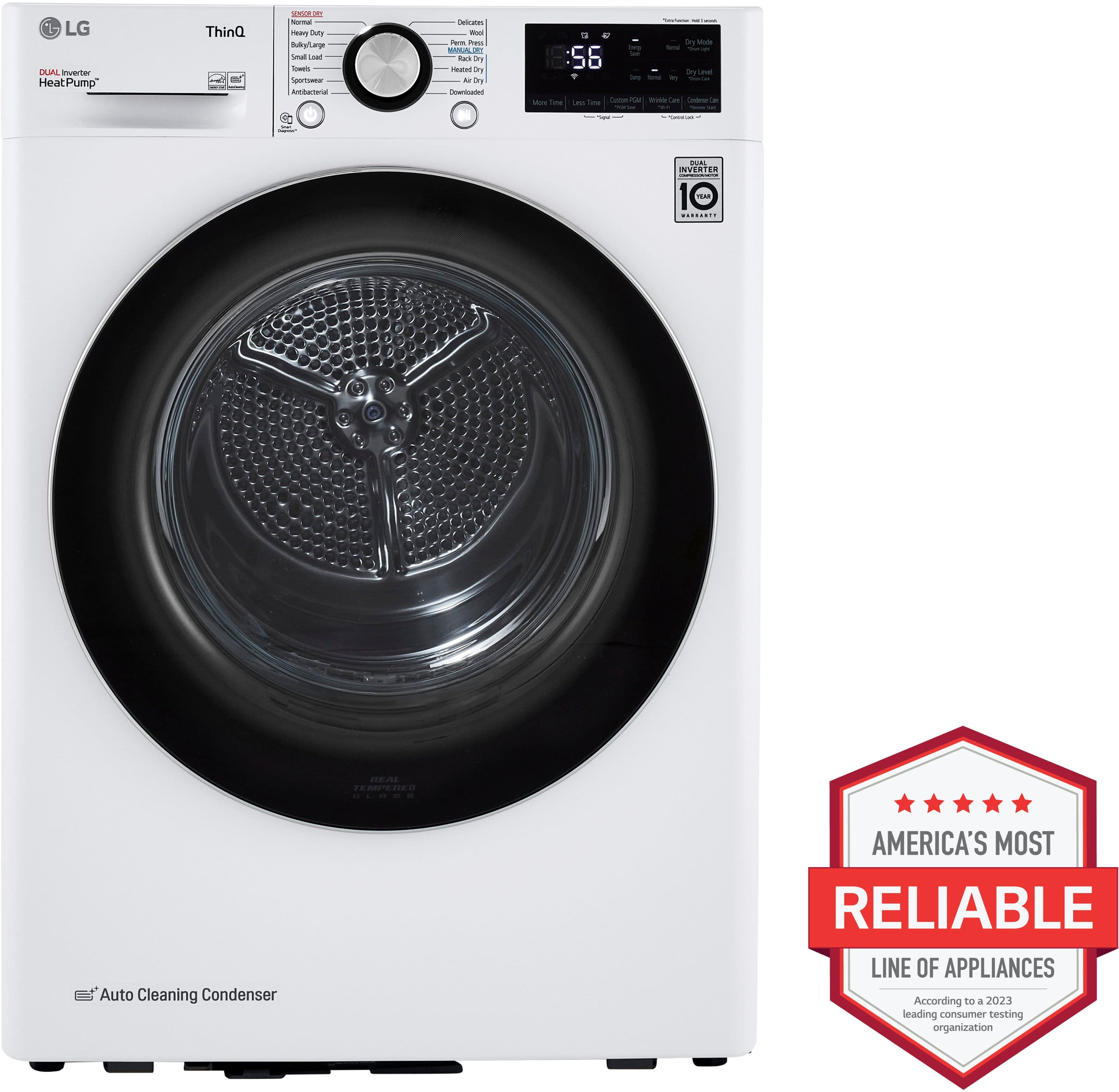 The image features a white LG electric dryer with a black drum. The dryer has a digital display and is designed to be energy-efficient. It is described as America's most reliable line of appliances, as indicated by the award-winning organization. The dryer is a heat pump model, which means it uses a refrigerant to transfer heat, making it an environmentally friendly and energy-saving choice.