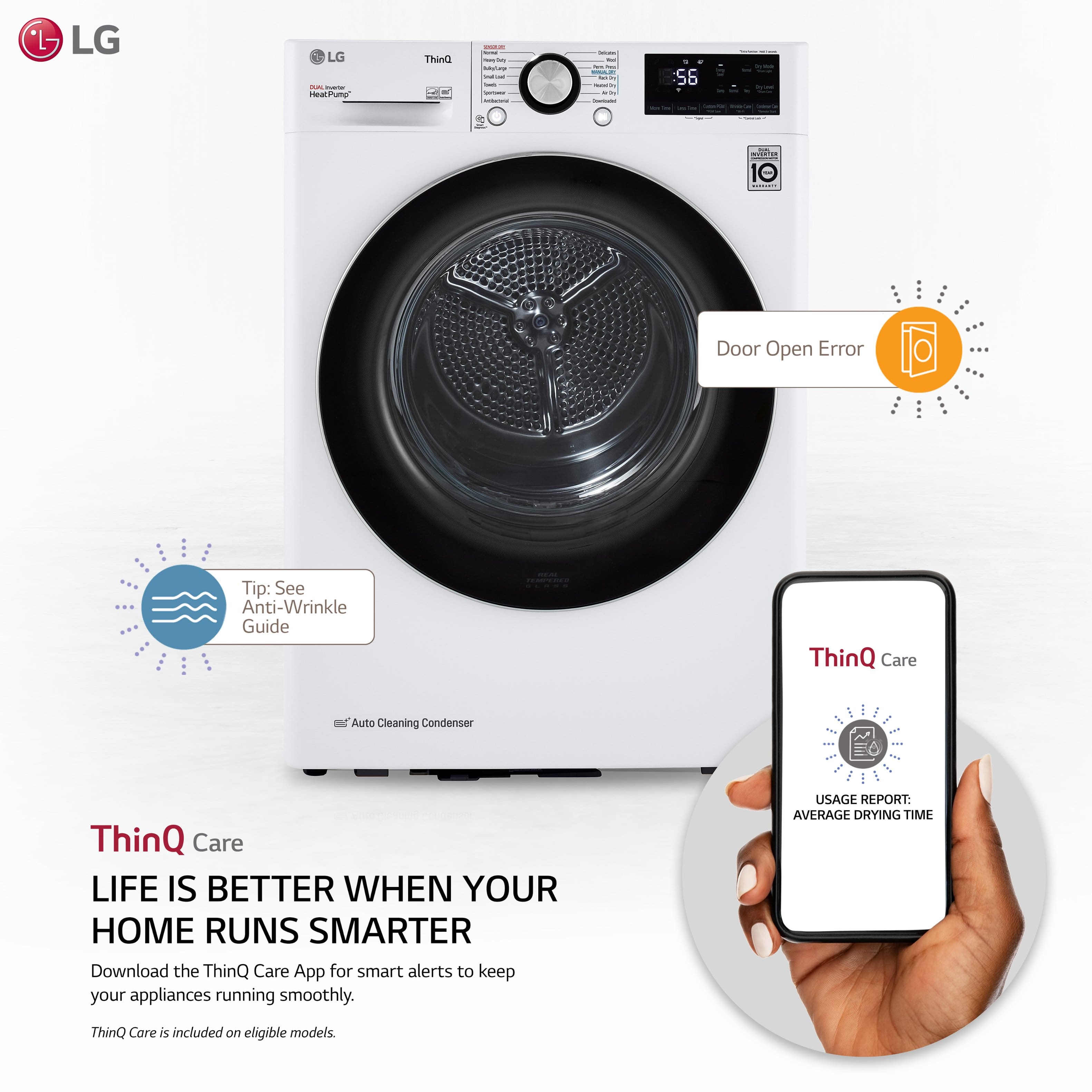 The image features an LG electric dryer with a smartphone in the foreground. The advertisement emphasizes the benefits of using a smart dryer, such as the ThinQ Care app that provides smart alerts and usage reports. The ad encourages users to download the ThinQ Care app to enhance their home appliance experience and make their life better. The image also highlights the door open error feature and the anti-wrinkle guide, which are additional benefits of the smart dryer.