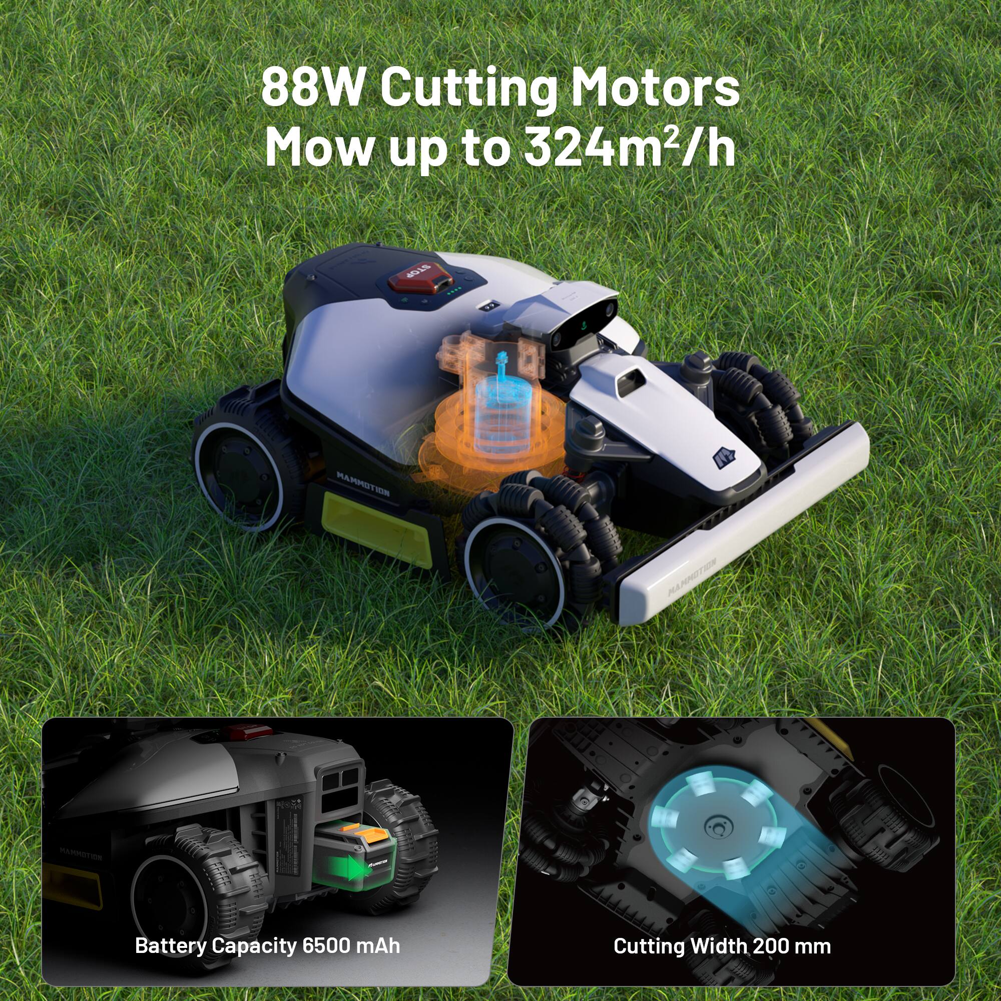 88W Cutting Motors  
Mow up to 324m²/h  

Battery Capacity 6500 mAh  

Cutting Width 200 mm