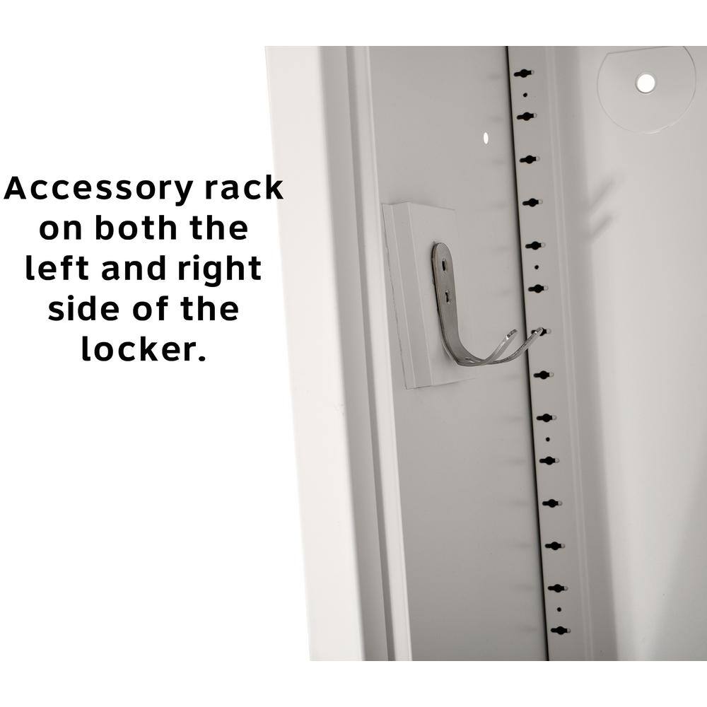 Accessory rack on both the left and right side of the locker.