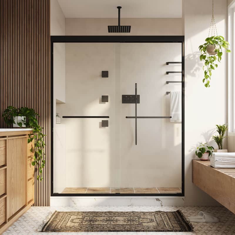 "WELLFOR - 56-60 in W x 72 in H Framed Shower Door with Double Sliding & Stainless Steel Towel Bar Handle, 1/4"" Tempered Glass - Matte Black" price history on PriceWatchPro