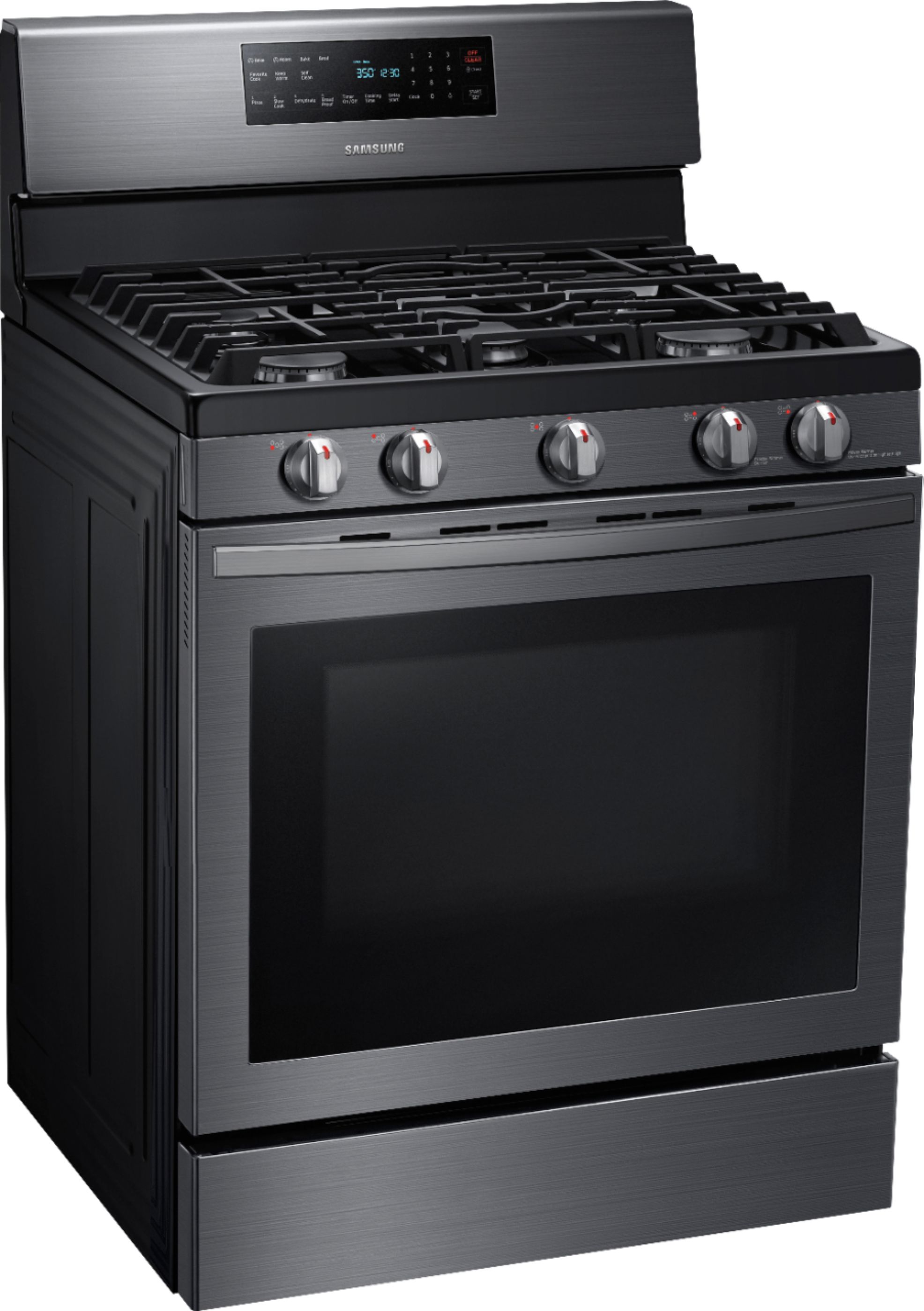 Angle View: Samsung - 5.8 Cu. Ft. Freestanding Gas Convection Range with Self-High Heat Cleaning - Black Stainless Steel