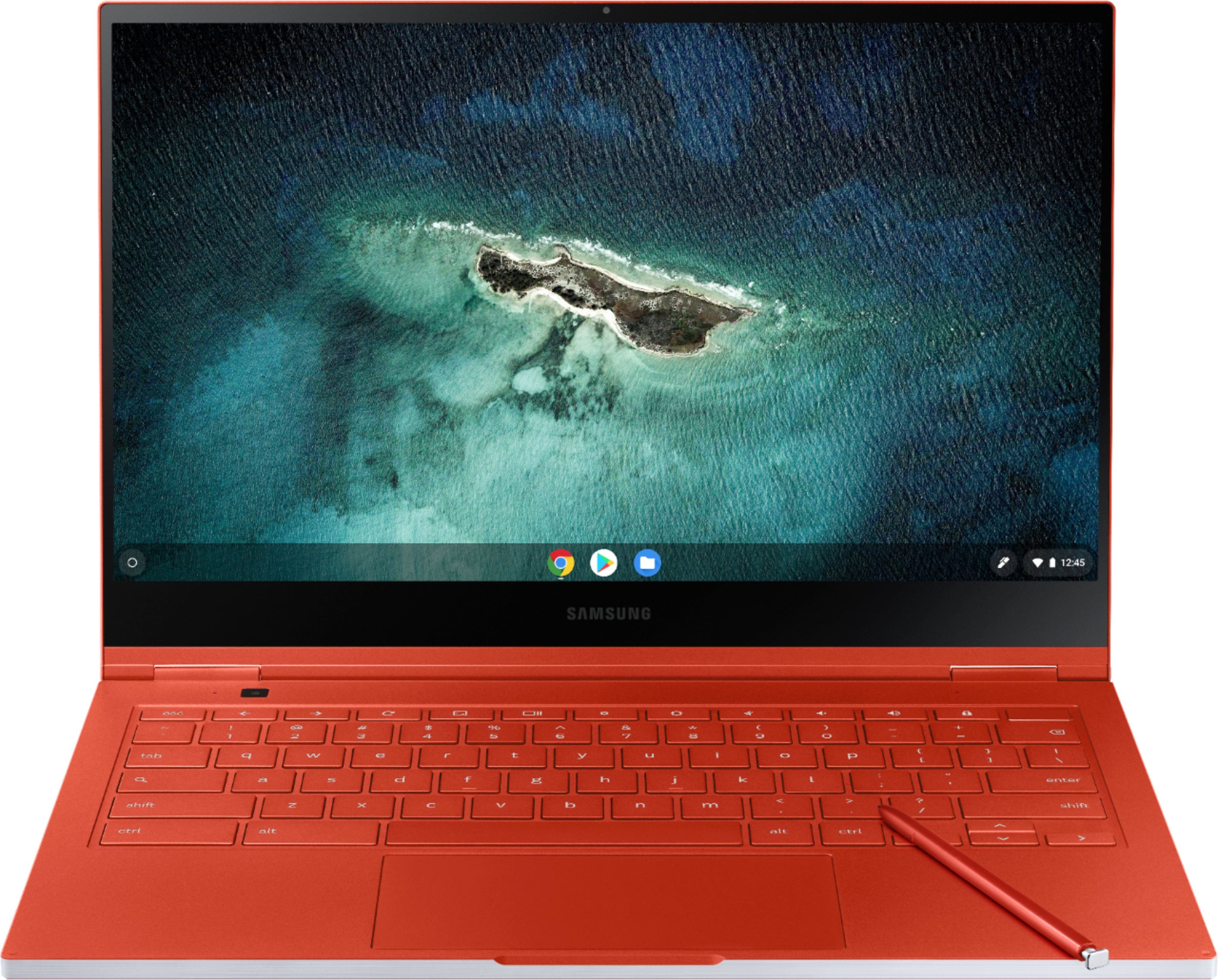 Front. Samsung - Galaxy 13.3" 4K Ultra HD Touch-Screen Chromebook - Intel Core i5 - 8GB Memory - 256GB SSD - Fiesta Red.