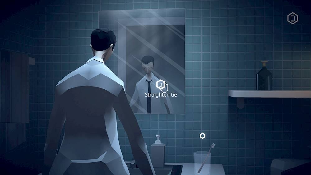 The image shows a man standing in front of a bathroom mirror, adjusting his tie. The largest text in the image reads "Straighten tie." The man is wearing a suit and tie, and he is focused on ensuring his appearance is neat and professional. The image captures a moment of self-care and attention to detail, as the man takes the time to properly straighten his tie.