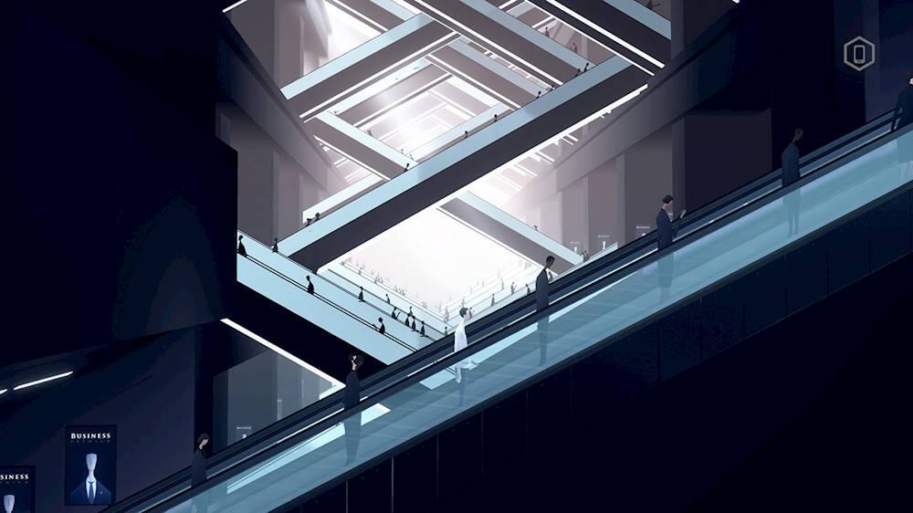 The image shows a group of people walking up a flight of stairs in a building. The stairs are located in the middle of the building, and there are several people walking up and down them. The scene is dark, and the staircase is illuminated by light, creating a dramatic atmosphere. The people are walking in various directions, some closer to the camera and others further away, giving a sense of depth and movement to the image.