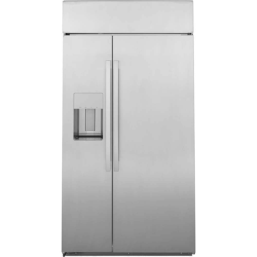 Front. GE Profile - 28.7 Cu. Ft. Side-by-Side Built-In Smart Refrigerator with External Water & Ice Dispenser - Stainless Steel.