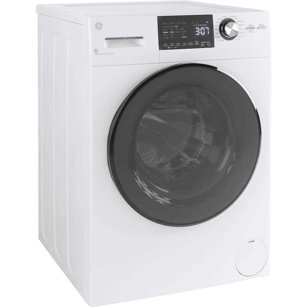 Angle. GE - 2.4 Cu. Ft. Front Load Washer and Electric Dryer Combo with Steam - White.