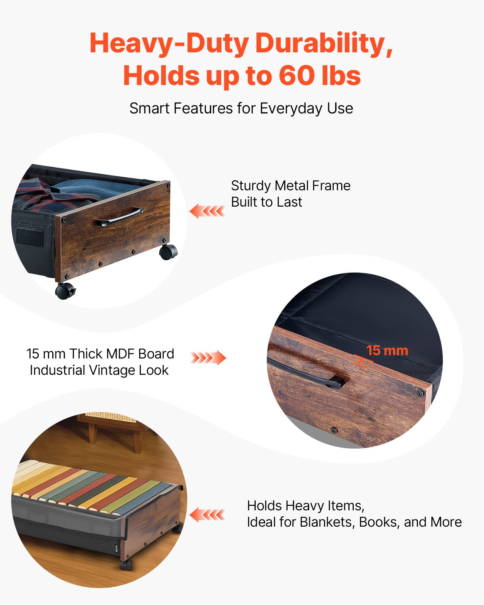 Heavy-Duty Durability, Holds up to 60 lbs  
Smart Features for Everyday Use  

Sturdy Metal Frame Built to Last  

15 mm Thick MDF Board Industrial Vintage Look  

Holds Heavy Items, Ideal for Blankets, Books, and More