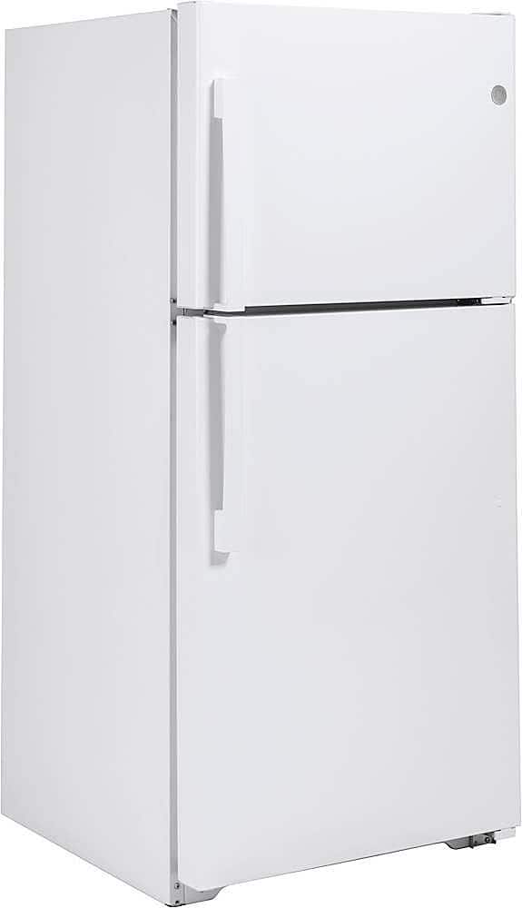 Angle. GE - 21.9 Cu. Ft. Top-Freezer Refrigerator with Garage Ready Performance from 38-110 Degrees Fahrenheit - White.