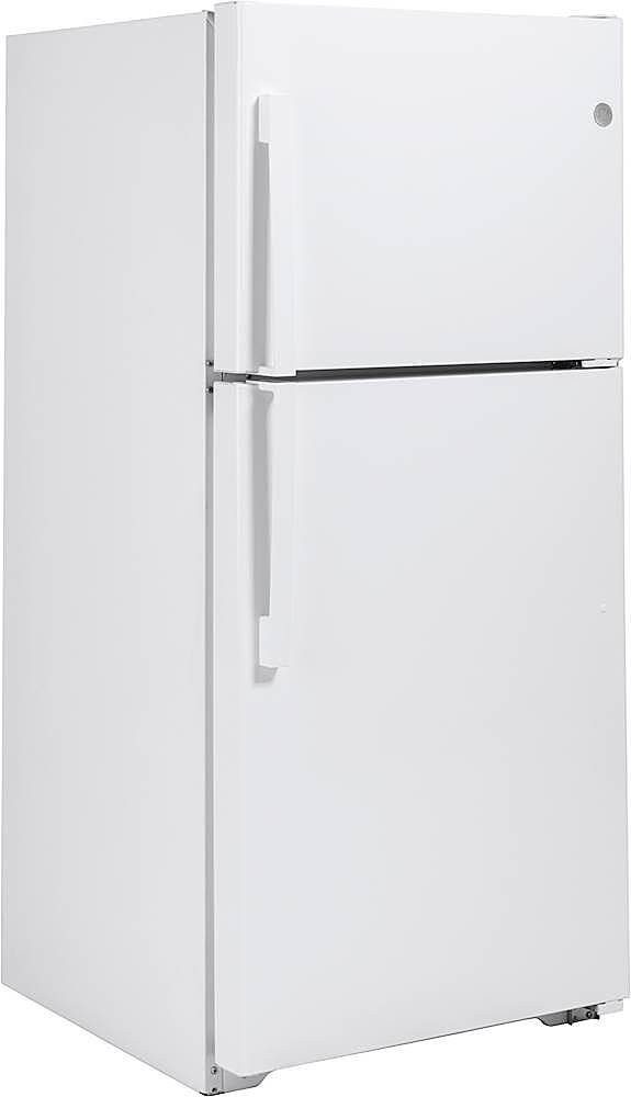 Angle. GE - 21.9 Cu. Ft. Top-Freezer Refrigerator with Garage Ready Performance from 38-110 Degrees Fahrenheit - White.