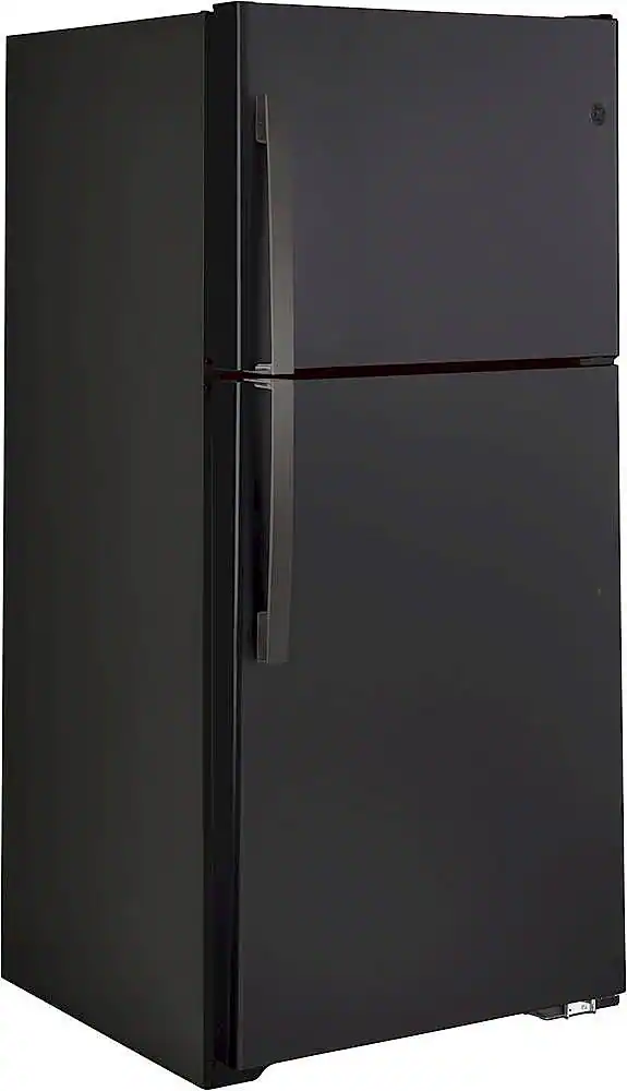 Angle. GE - 21.9 Cu. Ft. Top-Freezer Refrigerator with Garage Ready Performance from 38-110 Degrees Fahrenheit - Fingerprint resistant black slate.
