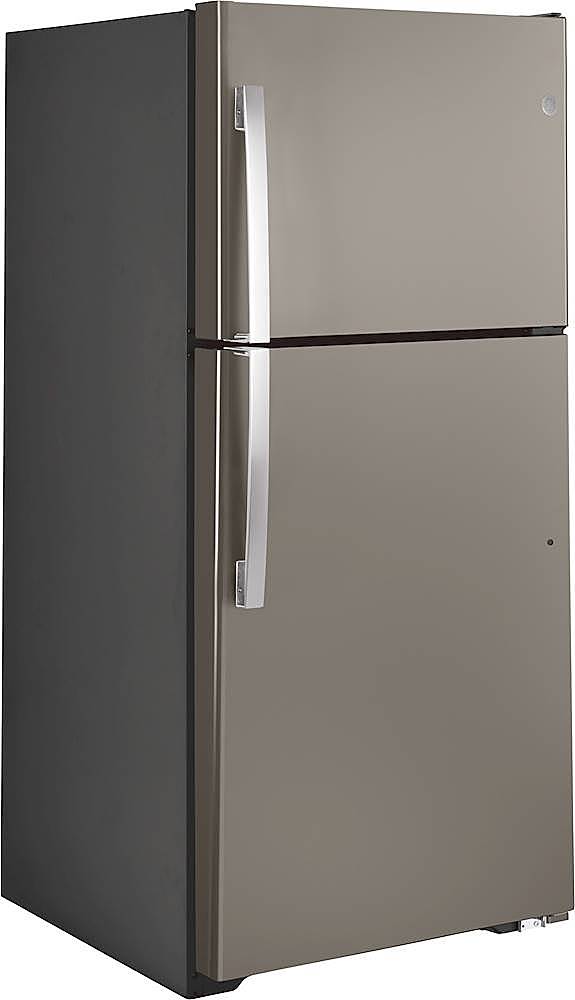 Angle. GE - 21.9 Cu. Ft. Top-Freezer Refrigerator with Garage Ready Performance from 38-110 Degrees Fahrenheit - Fingerprint resistant slate.