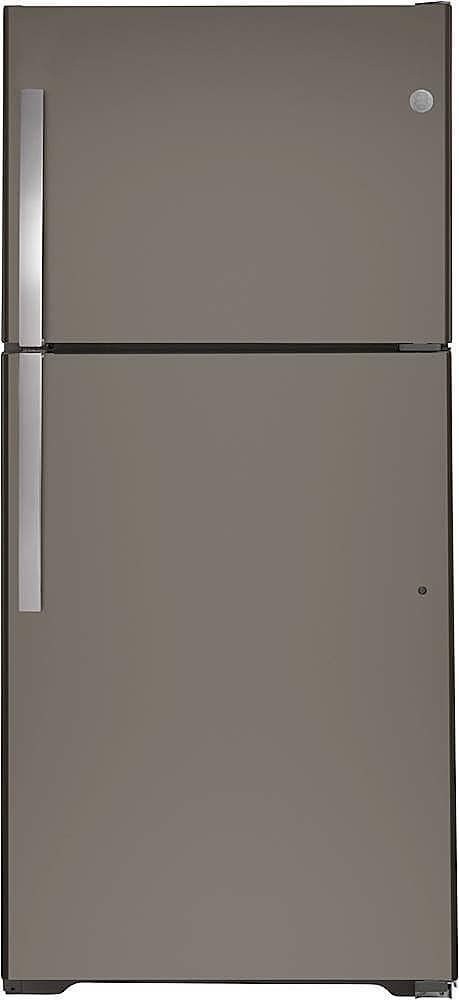Front. GE - 21.9 Cu. Ft. Top-Freezer Refrigerator with Garage Ready Performance from 38-110 Degrees Fahrenheit - Fingerprint resistant slate.