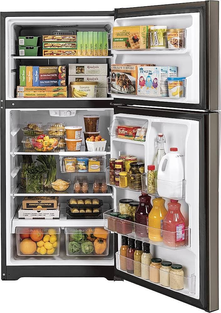 Alt View 1. GE - 21.9 Cu. Ft. Top-Freezer Refrigerator with Garage Ready Performance from 38-110 Degrees Fahrenheit - Fingerprint resistant slate.
