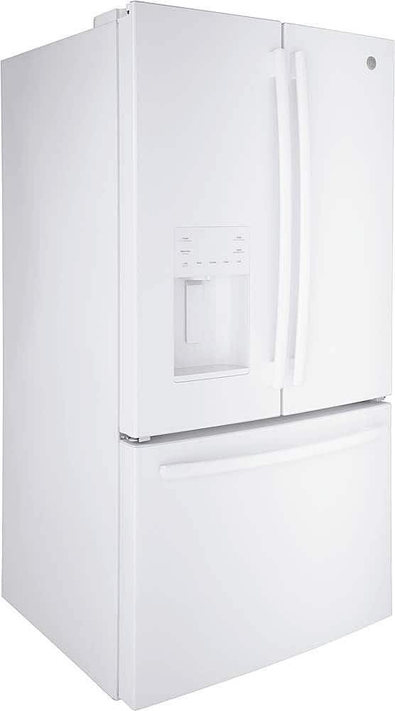 Angle. GE - 25.6 Cu. Ft. French Door Refrigerator - High Gloss White.