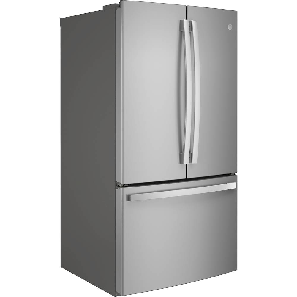 Angle View: GE - 28.7 Cu. Ft. French Door Refrigerator with LED Lighting - Stainless steel