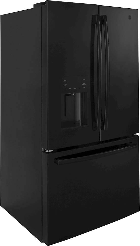 Angle. GE - 25.6 Cu. Ft. French Door Refrigerator - High Gloss Black.