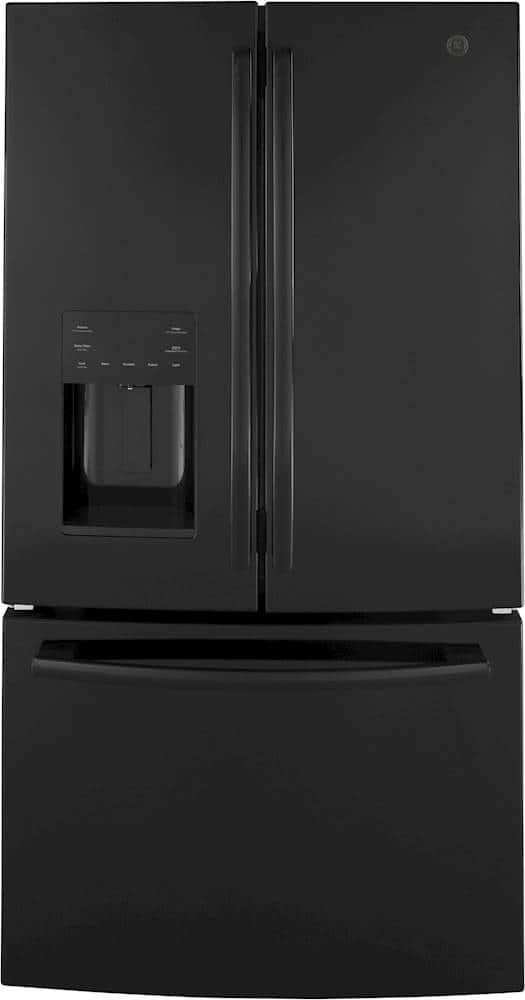 GE - 25.6 Cu. Ft. French Door Smart Refrigerator with Space Saving Ice Maker - High Gloss Black - Front_Zoom