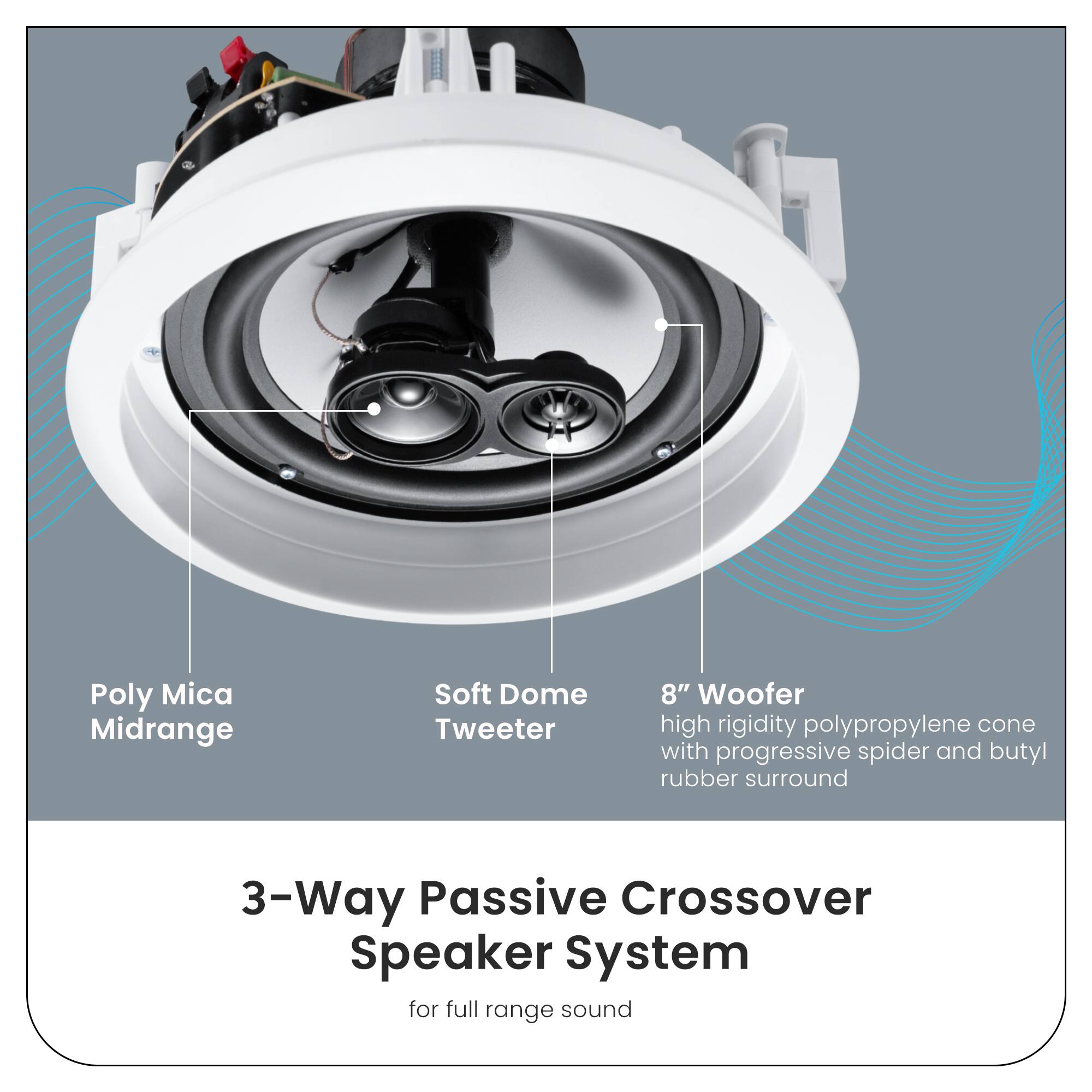 Poly Mica Midrange  
Soft Dome Tweeter  
8" Woofer  
high rigidity polypropylene cone with progressive spider and butyl rubber surround  

3-Way Passive Crossover Speaker System  
for full range sound