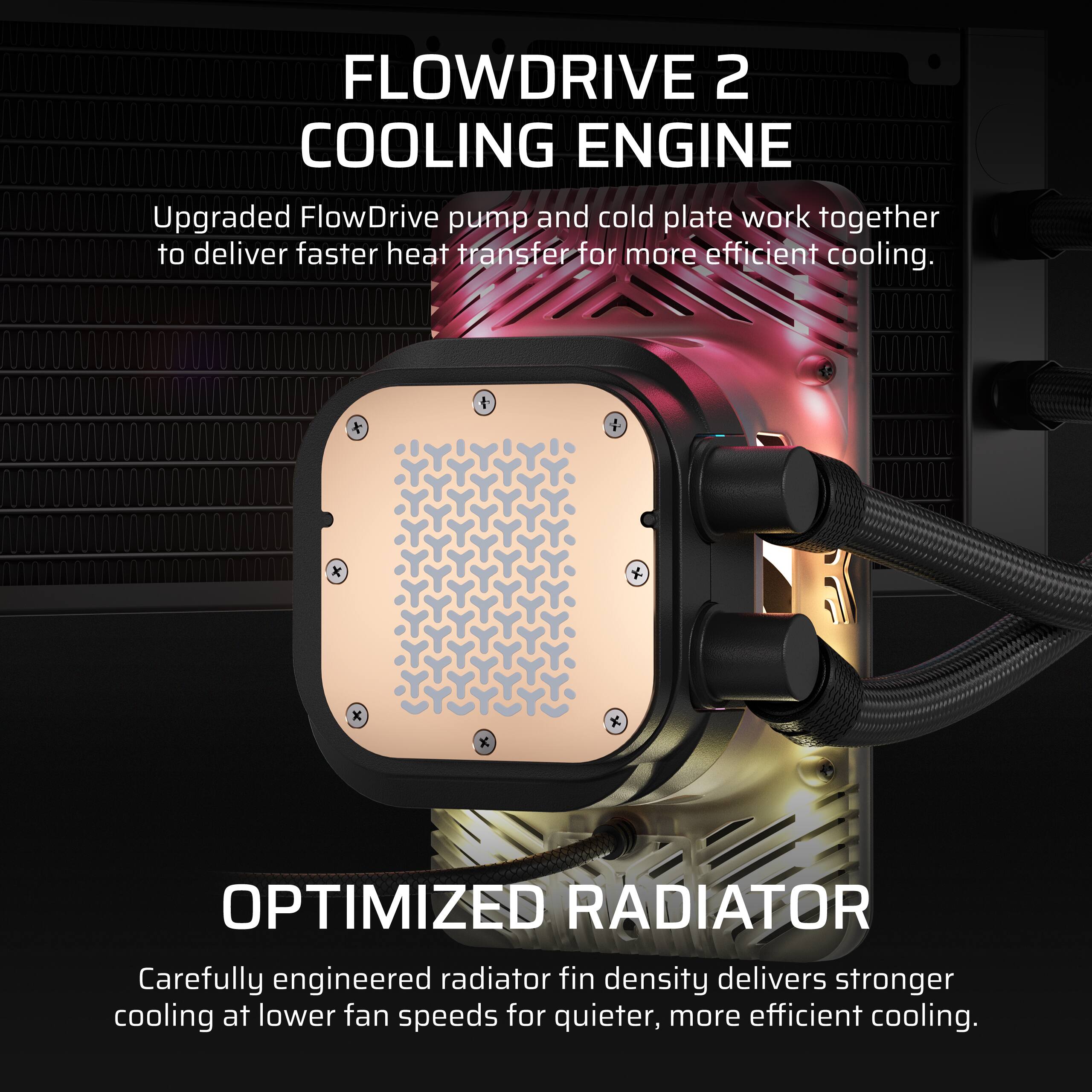 FLOWDRIVE 2 COOLING ENGINE  
Upgraded FlowDrive pump and cold plate work together to deliver faster heat transfer for more efficient cooling.

OPTIMIZED RADIATOR  
Carefully engineered radiator fin density delivers stronger cooling at lower fan speeds for quieter, more efficient cooling.