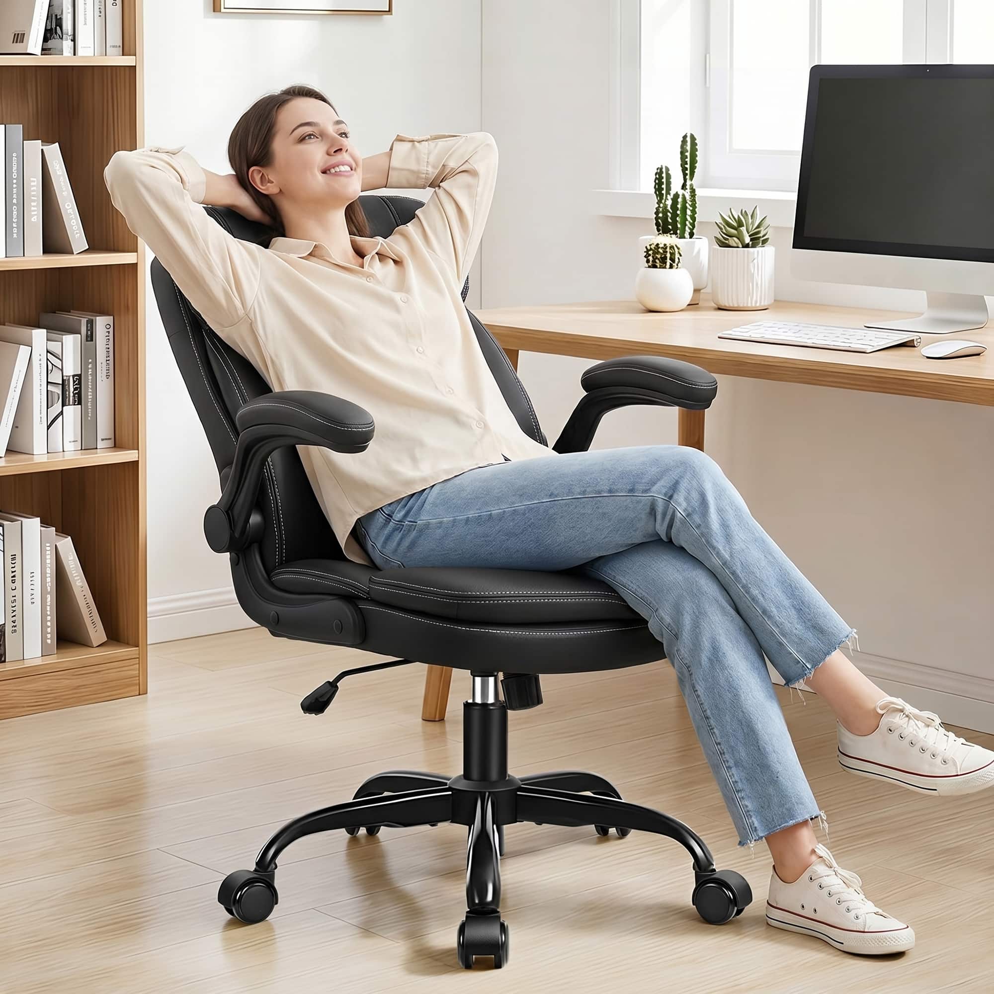 Brick Attic - Ergonomic Leather Office Chair with Adjustable Armrests,PU Computer Desk Chair with Double-Layer Seat Cushion - Black