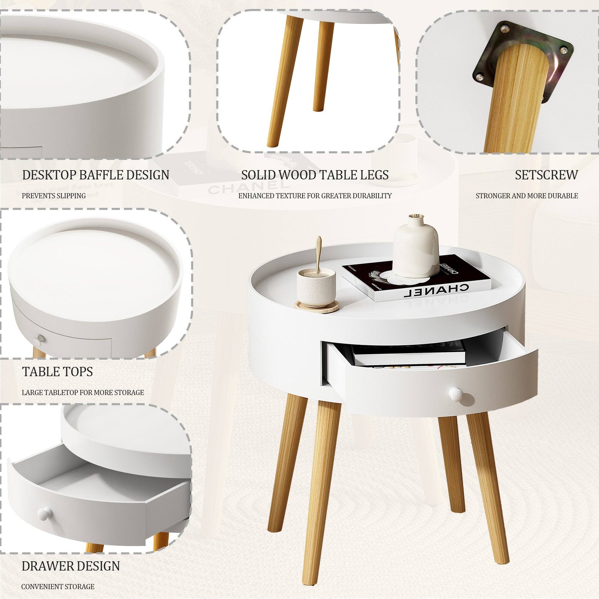 - **DESKTOP BAFFLE DESIGN**
  - PREVENTS SLIPPING

- **SOLID WOOD TABLE LEGS**
  - ENHANCED TEXTURE FOR GREATER DURABILITY

- **SETScrew**
  - STRONGER AND MORE DURABLE

- **TABLE TOPS**
  - LARGE TABLETOP FOR MORE STORAGE

- **DRAWER DESIGN**
  - CONVENIENT STORAGE