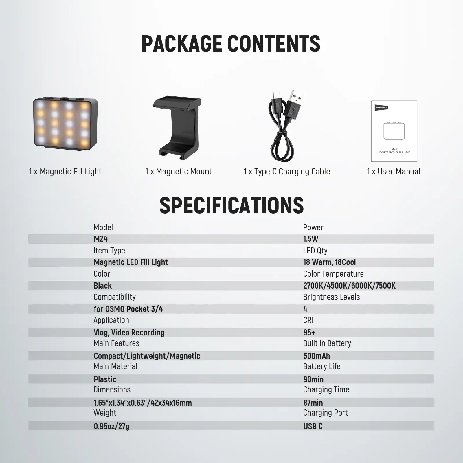 PACKAGE CONTENTS  
- 1 x Magnetic Fill Light  
- 1 x Magnetic Mount  
- 1 x Type C Charging Cable  
- 1 x User Manual  

SPECIFICATIONS  
- Model: M24  
- Power: 1.5W  
- Item Type: Magnetic LED Fill Light  
- Color: Black  
- Compatibility: for OSMO Pocket 3/4  
- Application: Vlog, Video Recording  
- Main Features: Compact/Lightweight/Magnetic  
- Main Material: Plastic  
- Dimensions: 1.65"x1.34"x0.63"/42x34x16mm  
- Weight: 0.95oz/27g  
- LED Qty: 18 Warm, 18 Cool  
- Color Temperature: 2700K/4500K/6000K/7500K  
- Brightness Levels: 4  
- CRI: 95+  
- Built in Battery: 500mAh  
- Battery Life: 90min  
- Charging Time: 87min  
- Charging Port: USB C