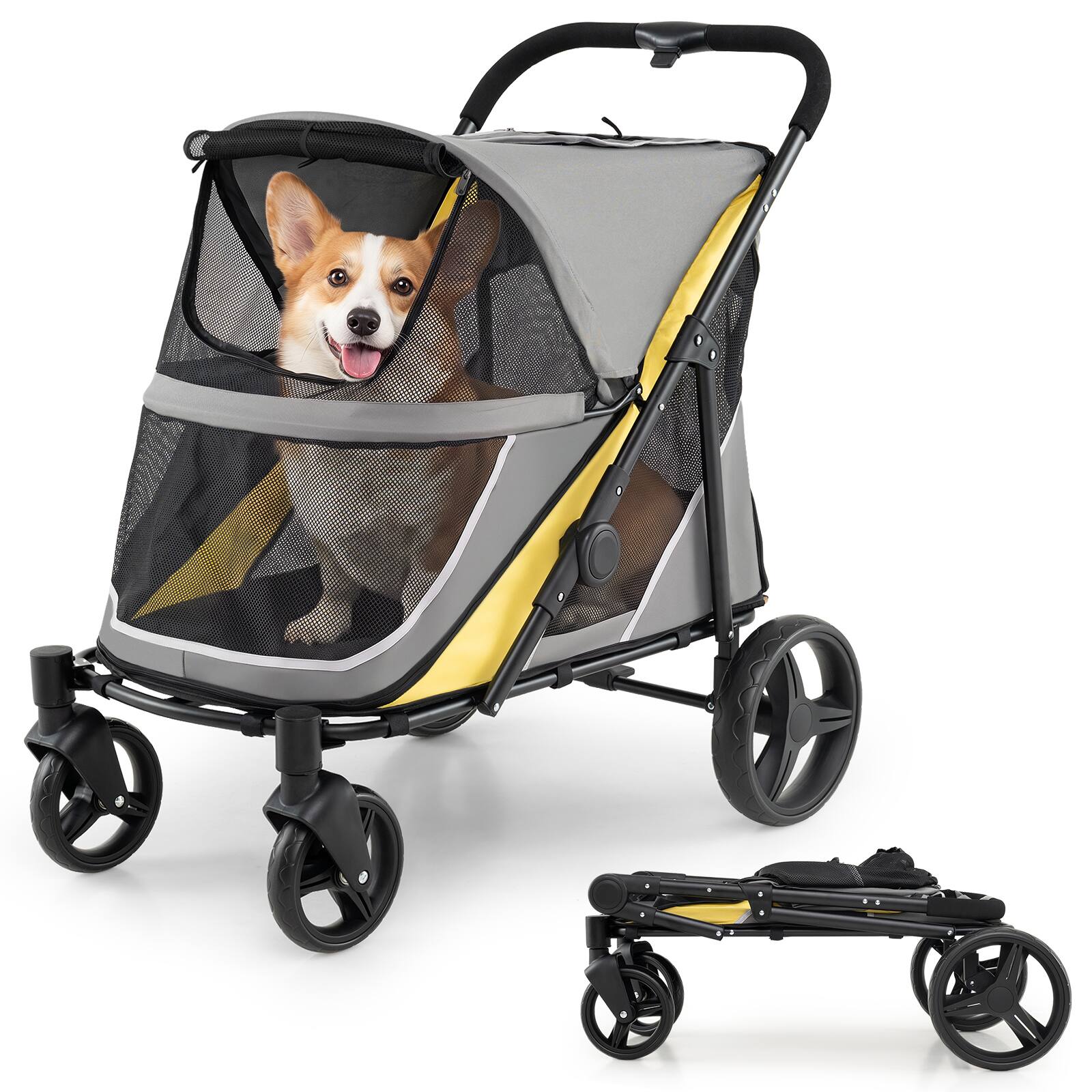 Front. Costway - Costway Dog Stroller for Large Medium Dogs, Easy Fold Pet Stroller with One-Step Foot Brake - Gray + Yellow.