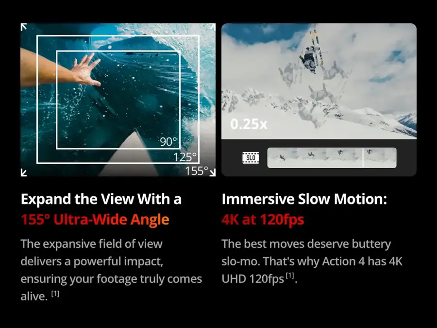 The text on the image is grouped and corrected as follows:

Expand the View With a Immersive Slow Motion:
155 Ultra-Wide Angle 4K at 120fps
The expansive field of view
The best moves deserve buttery delivers a powerful impact, slo-mo.
That's why Action 4 has 4K UHD [1] ensuring your footage truly comes 120fps alive. [1]