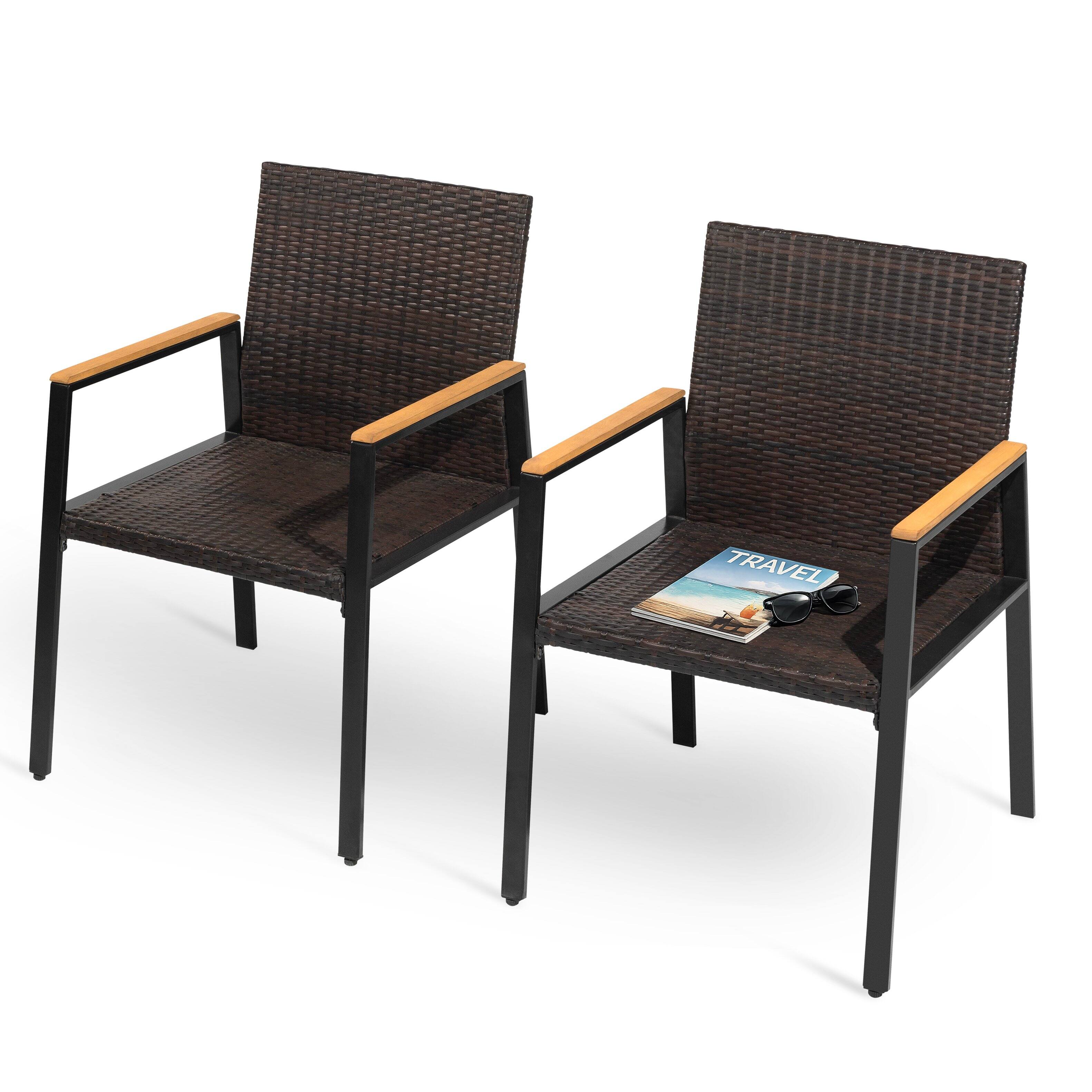 Alt View 5. Nuu Garden - Patio Stackable Wicker Dining Chairs Set of 2, Acacia Wood Armrests - Brown and Black.