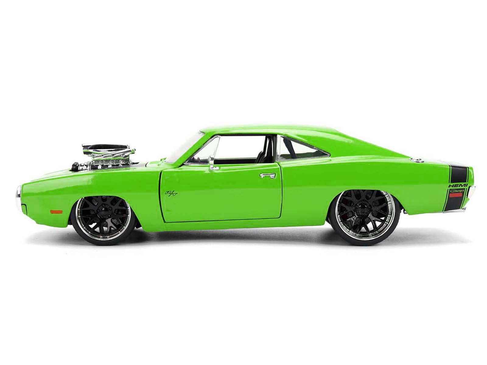 Left. Jada - 1970 Dodge Charger R/T Bright Green with Black Tail Stripe "Bigtime Muscle" Series 1/24 Diecast Model Car by Jada - Bright Green with Black.