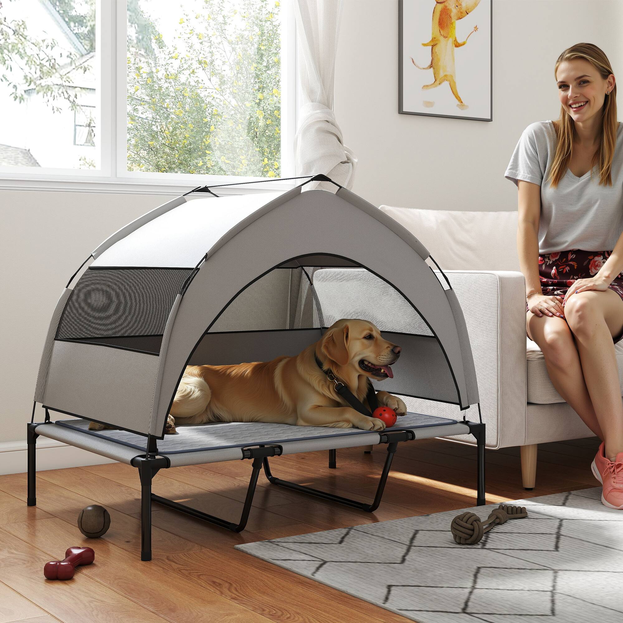 Alt View 1. Pawhut - Dog Bed with Removable Canopy, Portable Outside Raised Pet Cot with Cooling Pad, Storage Bag - Light Gray.