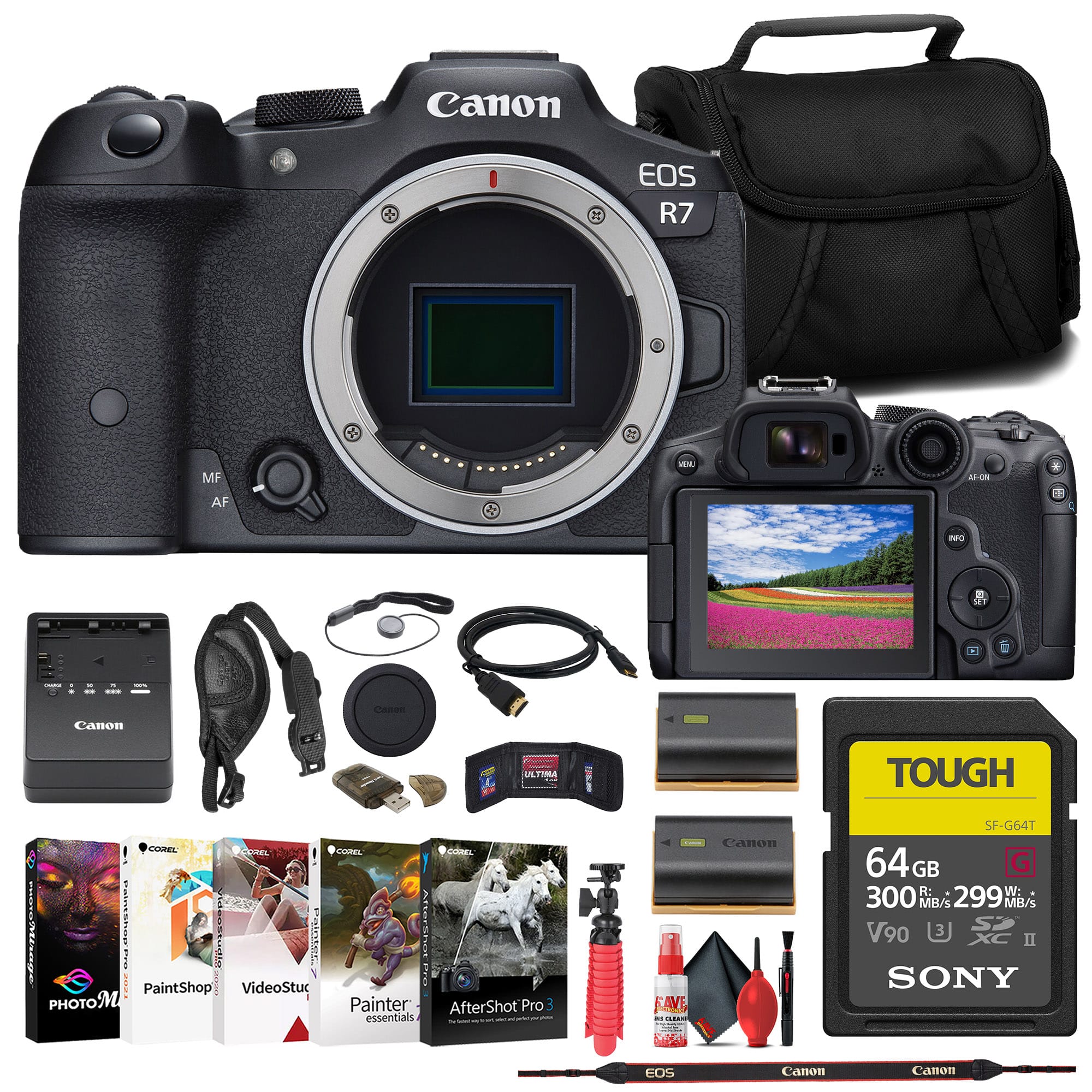 Canon - EOS R7 Mirrorless Camera + 64GB TOUGH SD Card + Bag Starter Bundle - Black w/ Basic Bundle