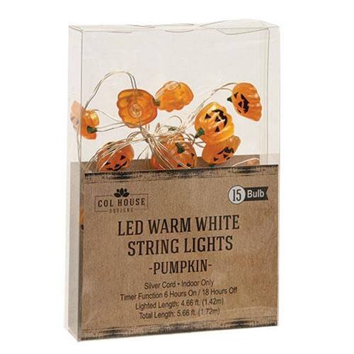 15 Bulb COL HOUSE LED WARM WHITE STRING LIGHTS - PUMPKIN - Silver Cord Indoor Only On / 18 Hours Of Timer Function 6 Hours Lighted Length: 4.66 ft. (1.42m) Total Length: 5.66 ft. (1.72m)