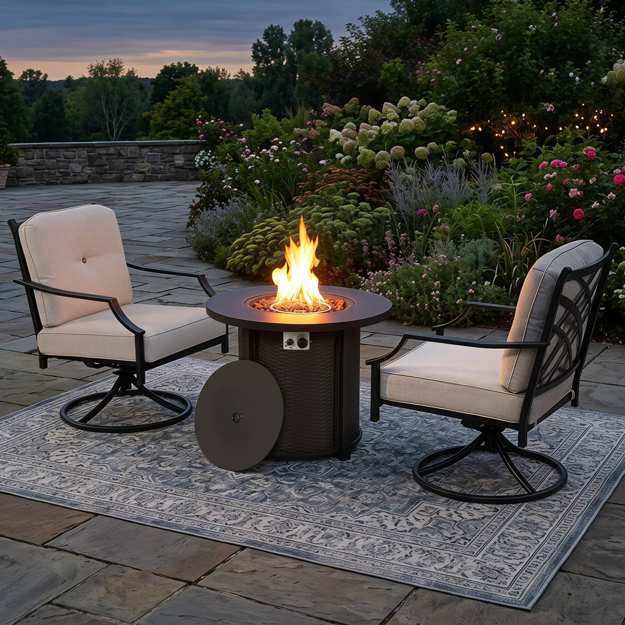 Left. Nuu Garden - 3-Piece Outdoor Fire Pit Set with 2 Swivel Sofas, CSA Certified - Black and Gray.