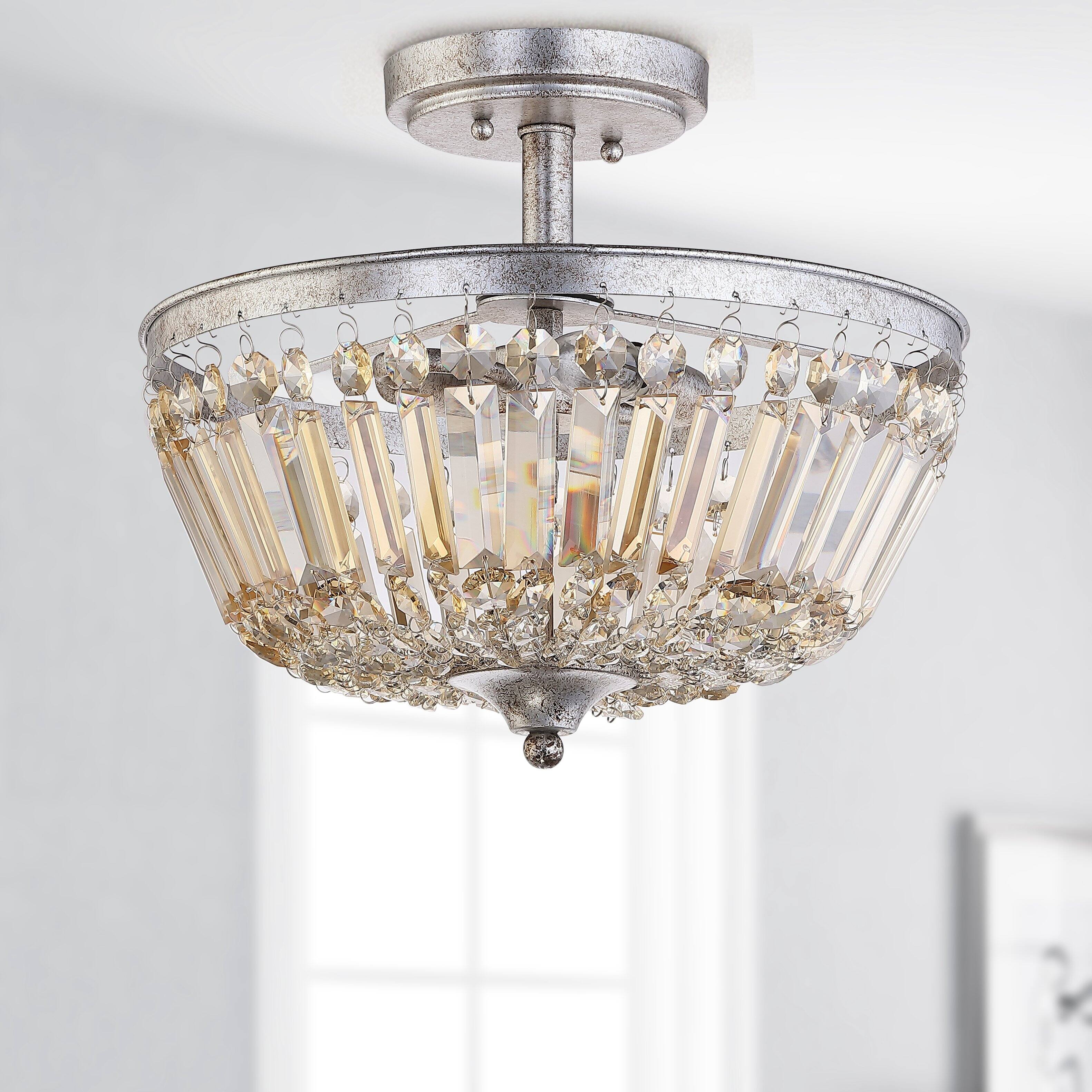Alt View 6. Jonathan Y - Caleb 14.2" 3-Light Crystal / Metal LED Semi-Flush Mount, Antique Silver/Amber - Antique Silver/Amber.