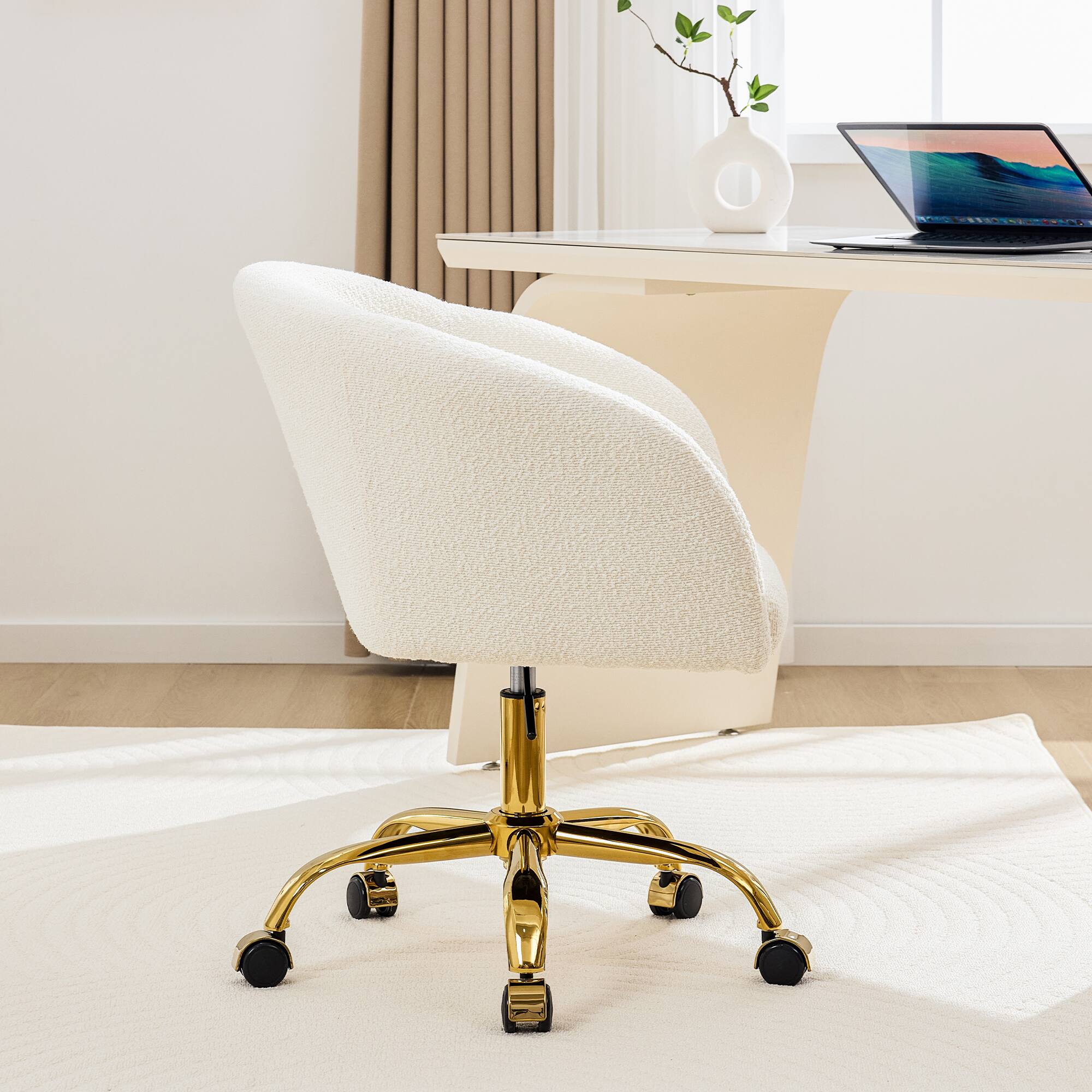 Alt View 2. KERDOM - Modern Vanity Chair with Back & Wheel, Swivel Rolling Home Office Armchair, Height Adjustable for Living Room, Bedroom - White.