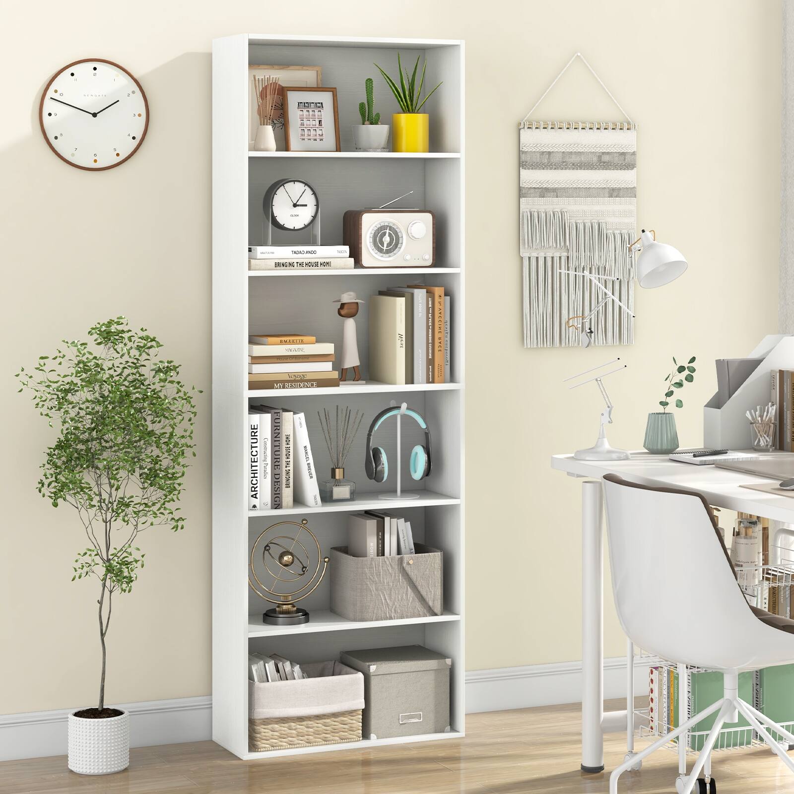 Gymax 6 Tier Bookshelf 70'' Tall Wooden Freestanding Storage