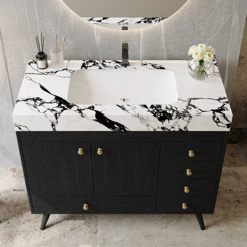 Back. Loheer - Loheer 36 inch freestanding bathroom vanity black and gold modern vanity faux marble top - Black, Gold, White.