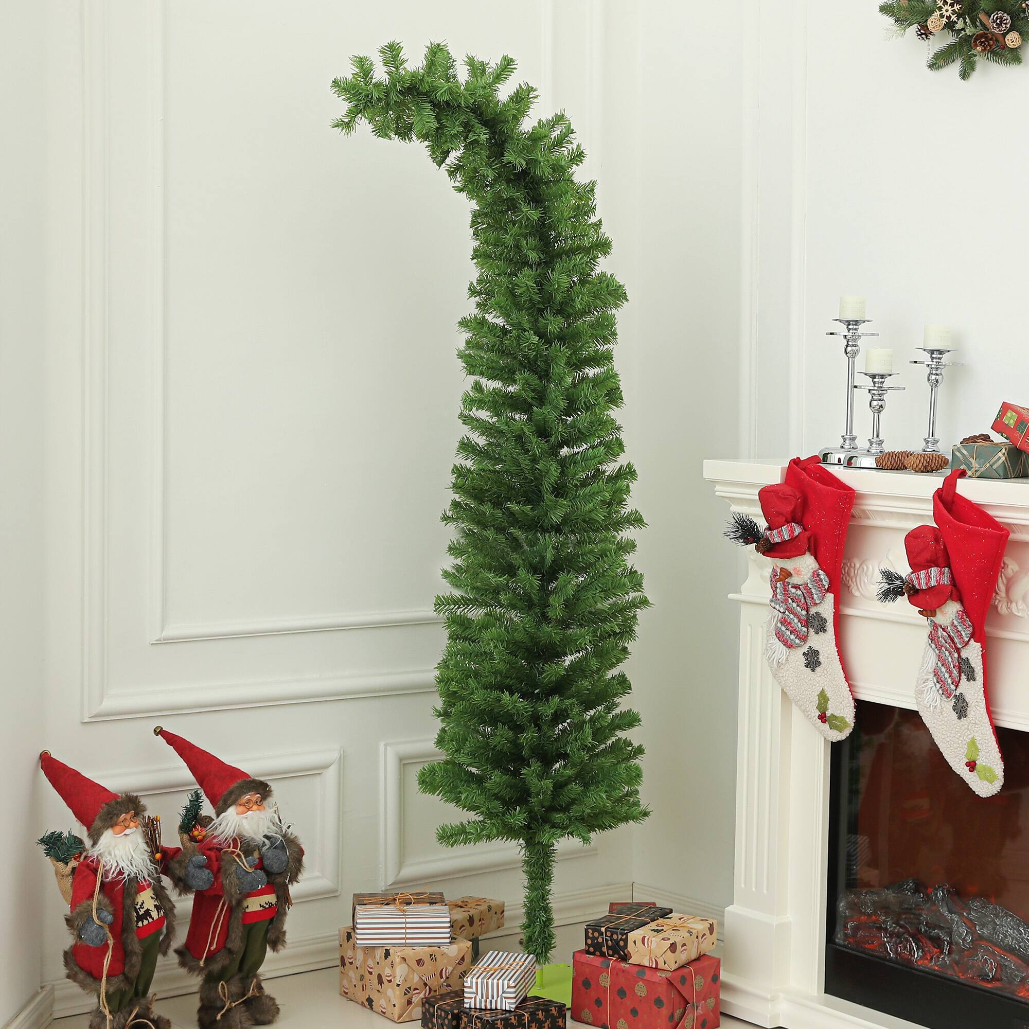 Alt View 1. Homcom - Whimsical Pencil Christmas Tree, Slim Artificial, Bendable Top, 400 Branch Tips, Indoor Holiday Decor - green.
