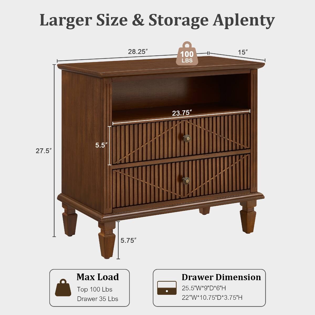 Larger Size & Storage Aplenty

28.25"
100 LBS
15"
23.75"
27.5"
5.5"
5.75"

Max Load
Top 100 Lbs
Drawer 35 Lbs

Drawer Dimension
25.5"W*9"D*6"H
22"W*10.75"D*3.75"H