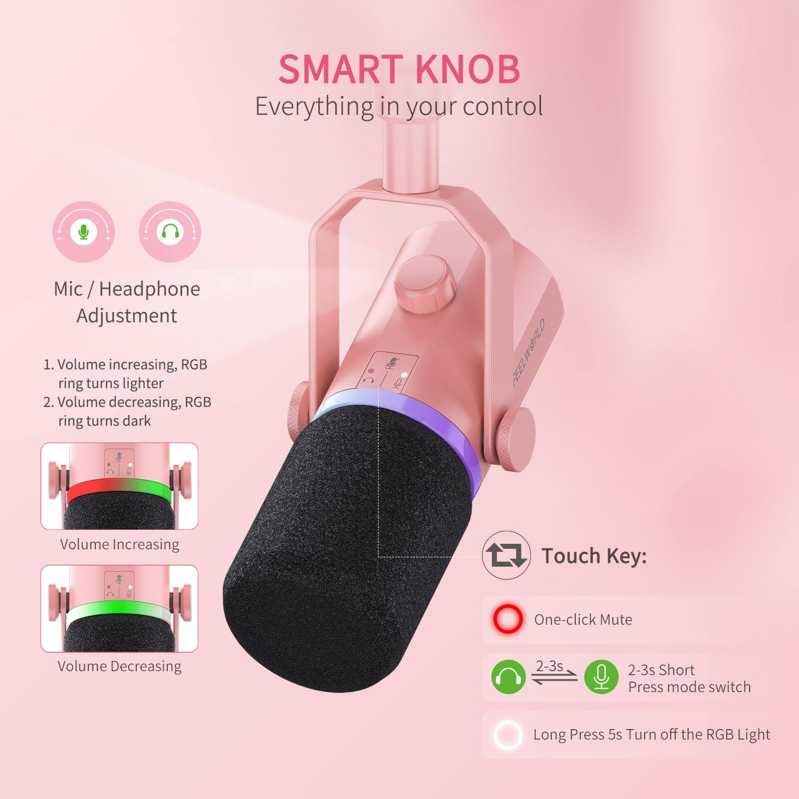 **SMART KNOB**  
Everything in your control

---

**Mic / Headphone Adjustment**  
1. Volume increasing, RGB ring turns lighter  
2. Volume decreasing, RGB ring turns dark  

---

**Touch Key:**  
- One-click Mute  
- 2-3s Short Press mode switch  
- Long Press 5s Turn off the RGB Light  

---

**Volume Increasing**  
**Volume Decreasing**