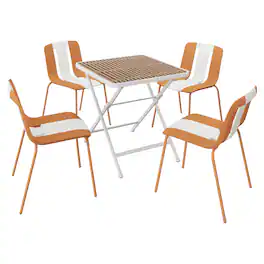 Mondawe - 5-Piece Outdoor Dining Set – Square Table with 4 Striped Color Block Chairs,PP Tabletop with Metal Legs - Orange+White