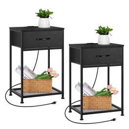 Oumilen - Set of 2 End Tables with Fabric Drawer, Mesh Shelf & Charging Station - Black