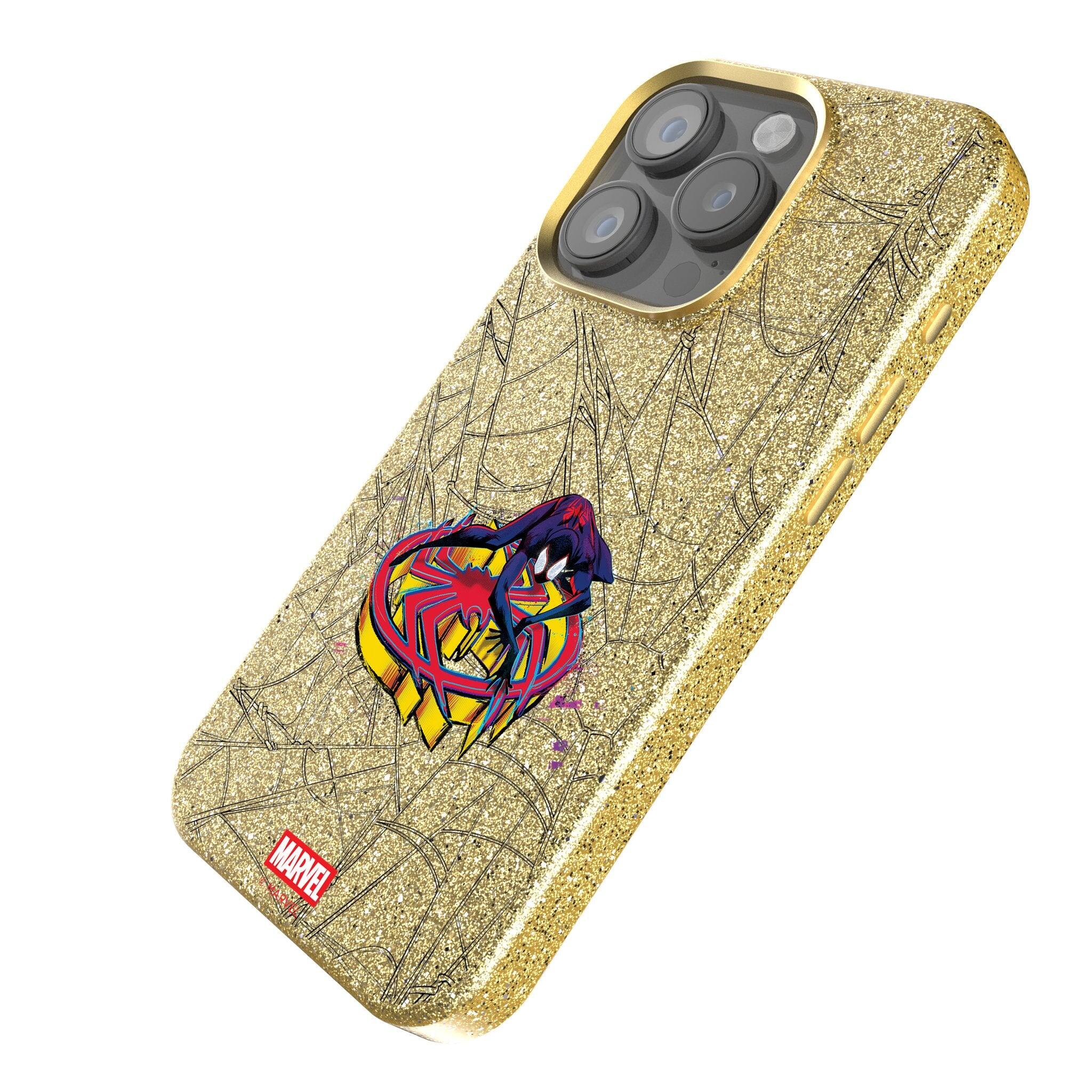 Angle. Keyscaper - Marvel Badge Gold Bling Phone Case - Apple iPhone 14 Pro Max - Miles Morales 2.