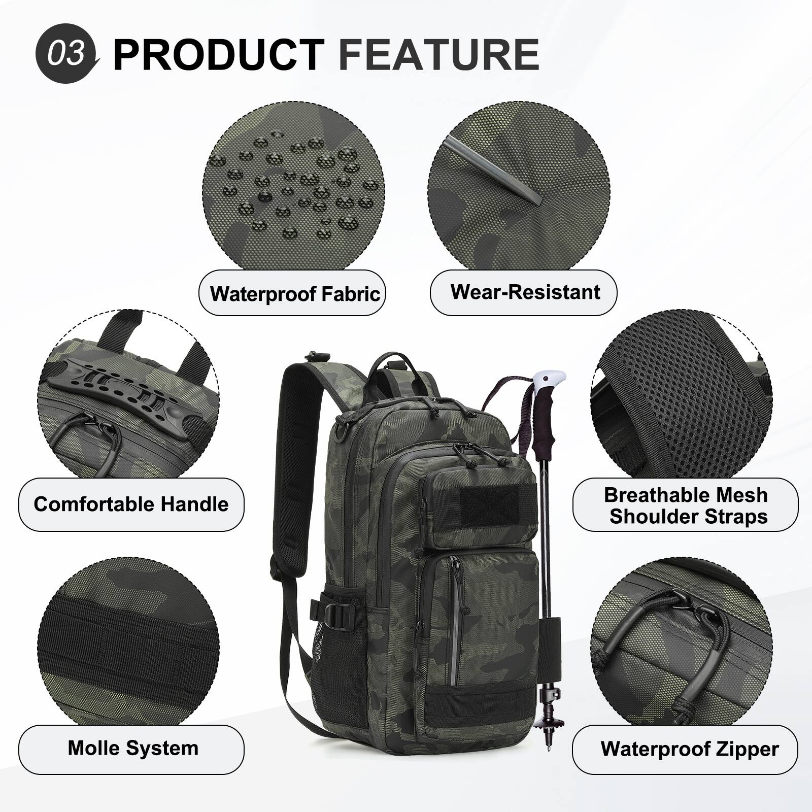 03 PRODUCT FEATURE

- Waterproof Fabric
- Wear-Resistant
- Comfortable Handle
- Breathable Mesh Shoulder Straps
- Molle System
- Waterproof Zipper