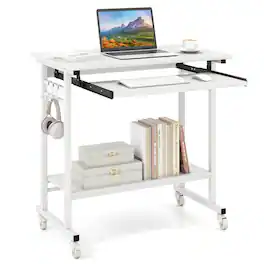 Costway - Mobile Laptop Desk with Keyboard Tray, Lower Shelf, 3 Hooks, 4 Universal Wheels - White