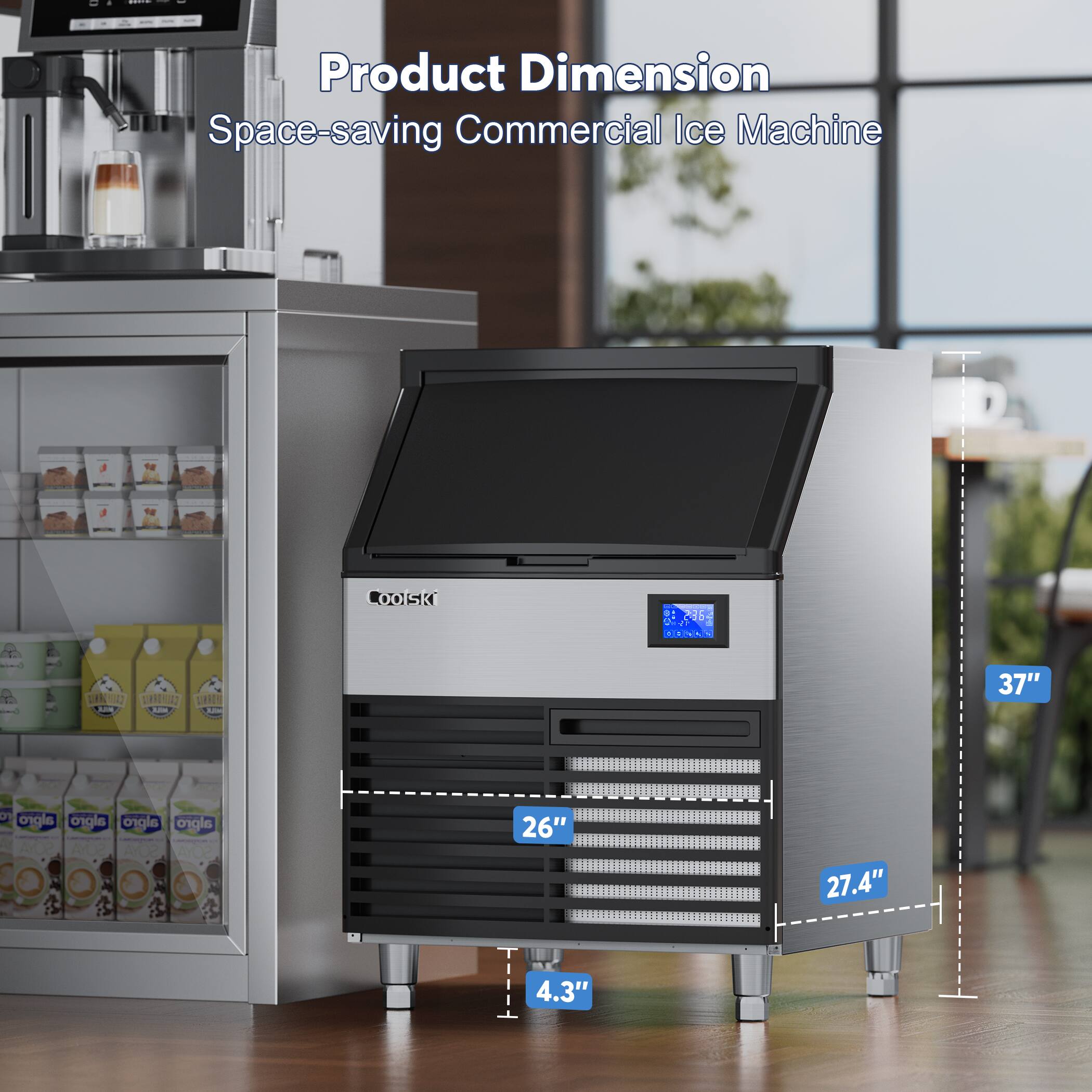 Product Dimension  
Space-saving Commercial Ice Machine  

DOISK 887369  

37"  
27.4"  
26"  
4.3"